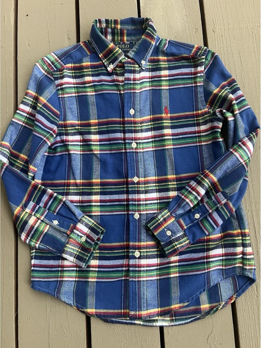 Polo Ralph Lauren Flannel Shirt Boys 10-12 Blue Plaid Long Sleeve